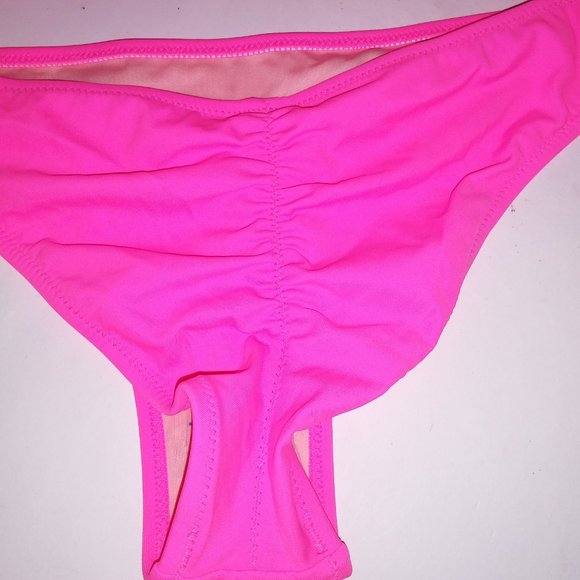 Victoria Secret Swim Bikini 36D Top Medium Bottom Solid Neon Pink Ruffle Trim - Picture 10 of 12